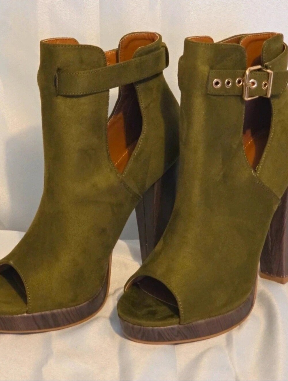 Shoe Republic LA Olive Green Suede Peep-Toe Ankle Boots